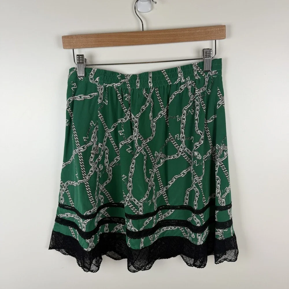 Zadig & Voltaire Jaelle Chaines Green Silk Lace Trim Mini‎ Skirt Sz 34 Old Money